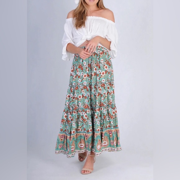JAR OF HEARTS Boho Lover Aqua Turquoise Floral High Waisted Tiered Maxi Skirt - Picture 3 of 16